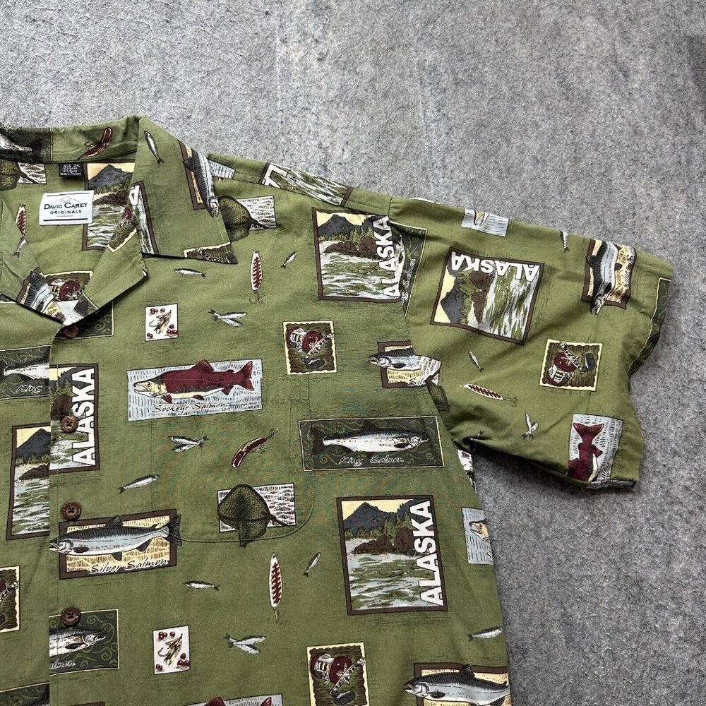David Carey Camp Shirt Men 2XL Green Alaska Print Fish Graphic Short Sleeve - Picture 3 of 11